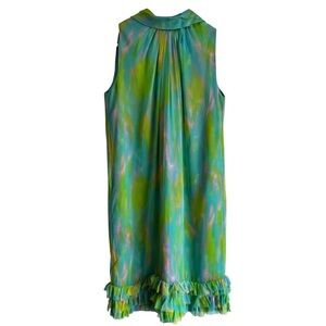 Vintage 60s Irving Nadler Watercolor Shift Dress S/M Green Sleeveless Ruffle Mod